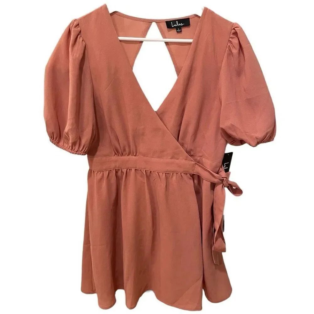 Lulus Womens My Favorite Person Wrap Dress L Rusty Rose Puff Sleeve Coquette